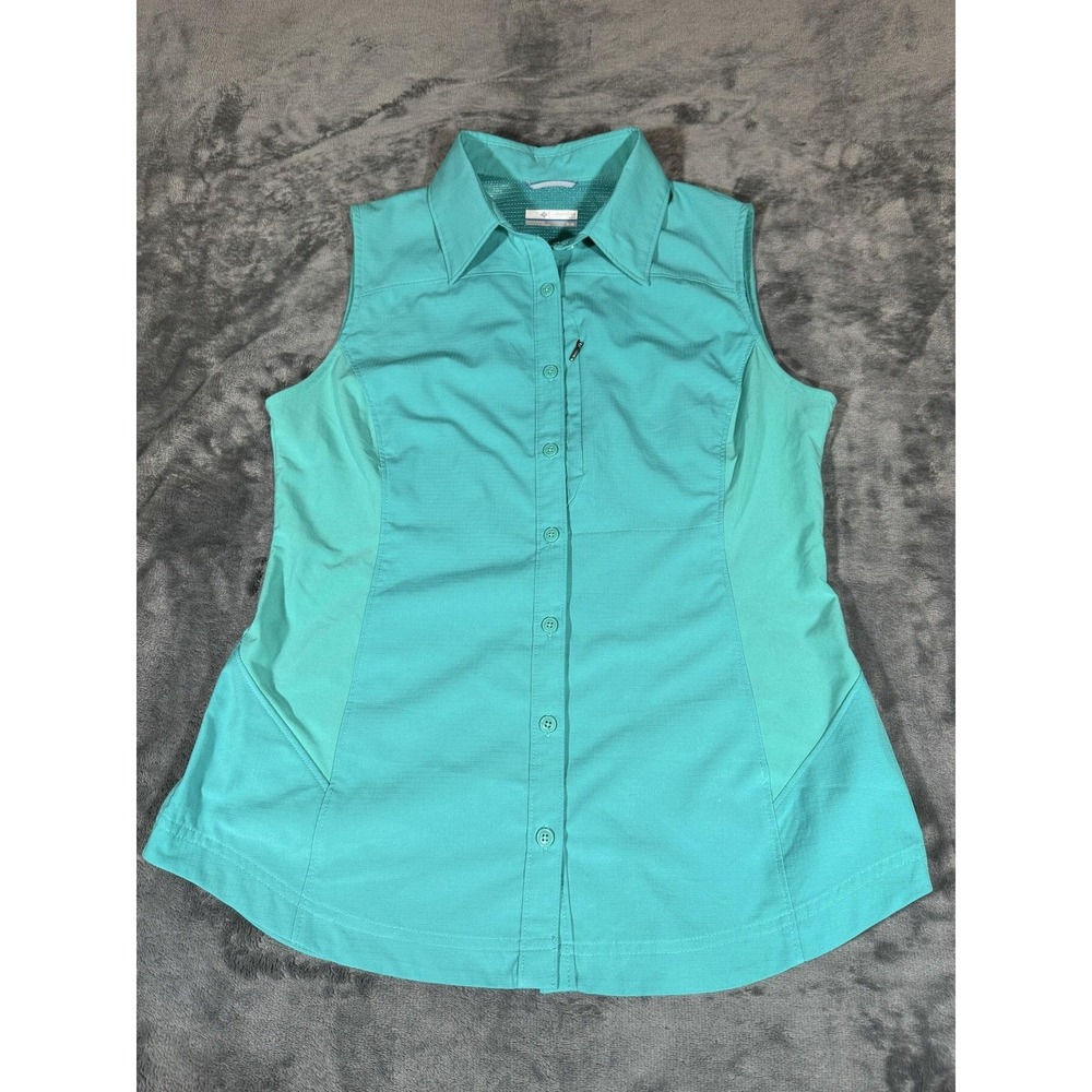 Columbia Shirt Womens M Blue Sleeveless Button Front Hiking Stretch Top Ripstop